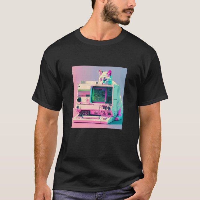 Vaperwave Estetisk Glitch Katt Retrowave Synthwave T Shirt (Framsida)