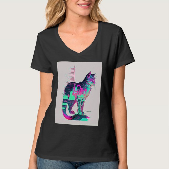 Vaperwave Estetisk Glitch Katt Retrowave Synthwave T Shirt (Framsida)
