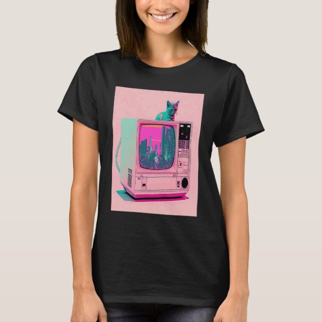 Vaperwave Estetisk Glitch Katt Retrowave Synthwave T Shirt (Framsida)