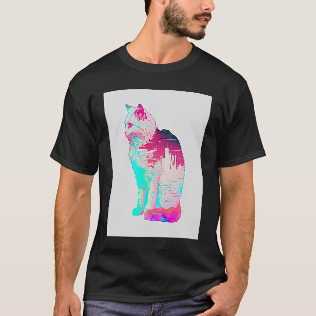 Vaperwave Estetisk Glitch Katt Retrowave Synthwave T Shirt (Framsida)