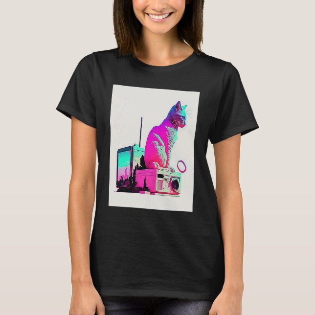 Vaperwave Estetisk Glitch Katt Retrowave Synthwave T Shirt (Framsida)