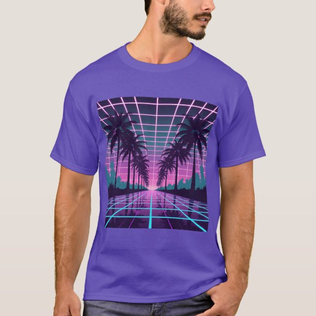 Vaporwave 80s Neon Grid Synthwave Art Poster T Shirt (Framsida)