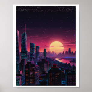 Vaporwave Cyberpunk Stadsscen – Neon Stadssiluett Poster
