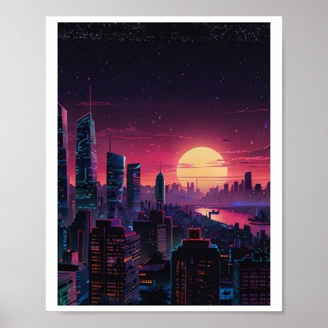 Vaporwave Cyberpunk Stadsscen – Neon Stadssiluett  Poster (Framsidan)