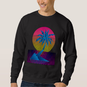 Vaporwave Digital Art Handflatan Träd & Sunset Ret Lång Ärmad Tröja