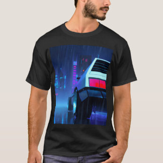 Vaporwave Estetisk Bil Regnig Natt Skyskrapor fa T Shirt