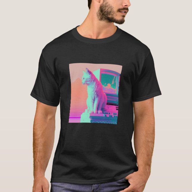 Vaporwave Estetisk Glitch Katt Retrowave Synthwave T Shirt (Framsida)