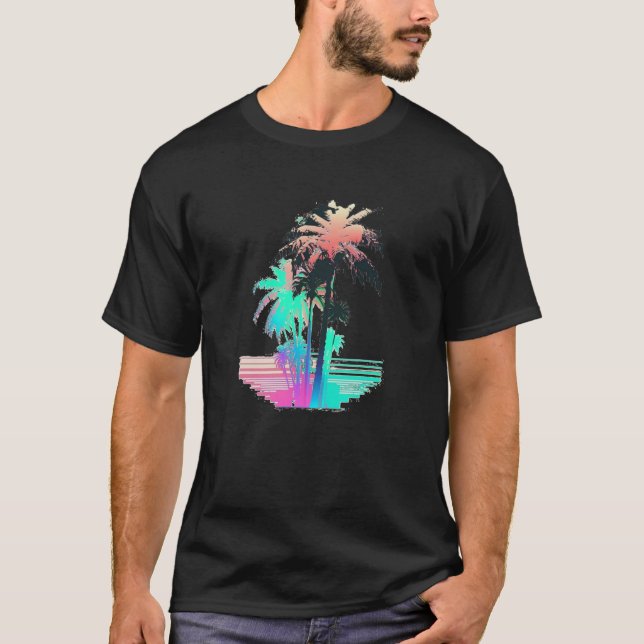 Vaporwave Estetisk Glitch Palmträd Retrowave Synth T Shirt (Framsida)