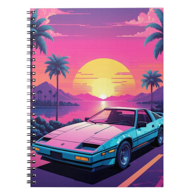 Vaporwave-Futuristiska Retro Sports Car-anteckning Anteckningsbok (Framsidan)