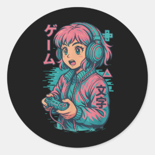 Vaporwave Gamer Girl Japansk Art Anime Manga Grap Runt Klistermärke