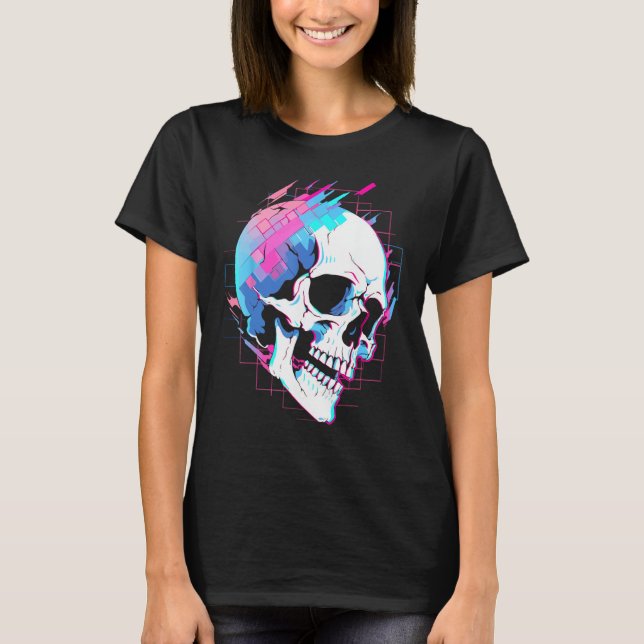 Vaporwave Glitch Skull Cyberpunk Festival Techwear T Shirt (Framsida)