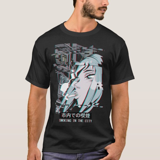 Vaporwave Japan Street Mode Smoking Anime T Shirt (Framsida)