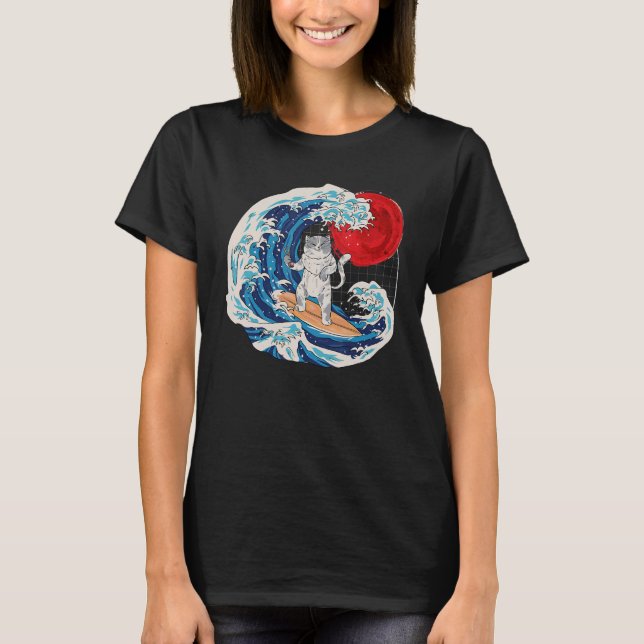 Vaporwave japanska Neko Underbar Cat Wave Sushi R T Shirt (Framsida)