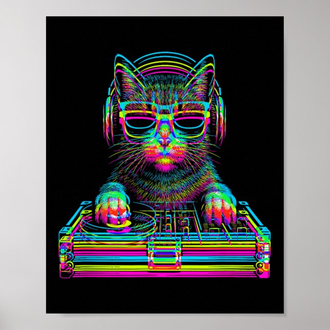 Vaporwave Katt Dj Techno Rave Edm Musik Konsert Pa Poster (Framsidan)