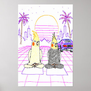 Vaporwave-nymfparakitposter med retro solnedgång poster