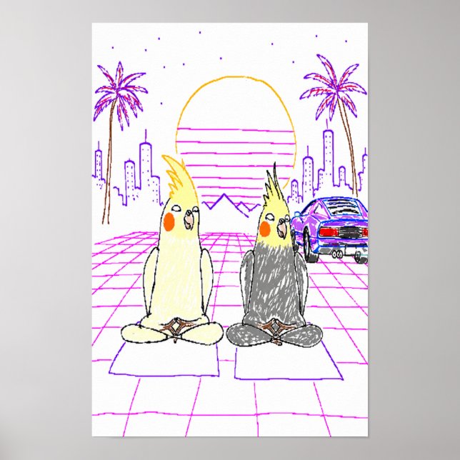 Vaporwave-nymfparakitposter med retro solnedgång poster (Framsidan)