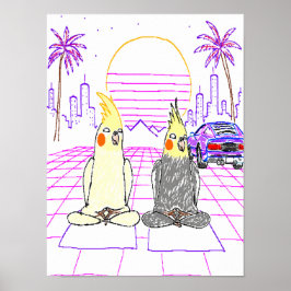 Vaporwave-nymfparakitposter med retro solnedgång poster
