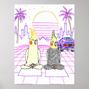 Vaporwave-nymfparakitposter med retro solnedgång poster