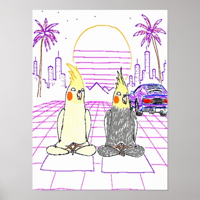 Vaporwave-nymfparakitposter med retro solnedgång poster (Framsidan)