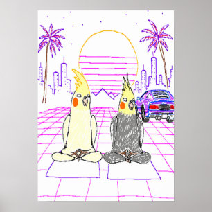 Vaporwave-Nymphparakitposter med Retro Solnedgång Poster