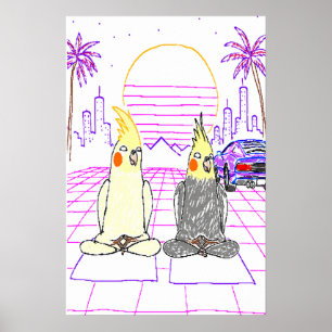 Vaporwave-Nymphparakitposter med Retro Solnedgång Poster