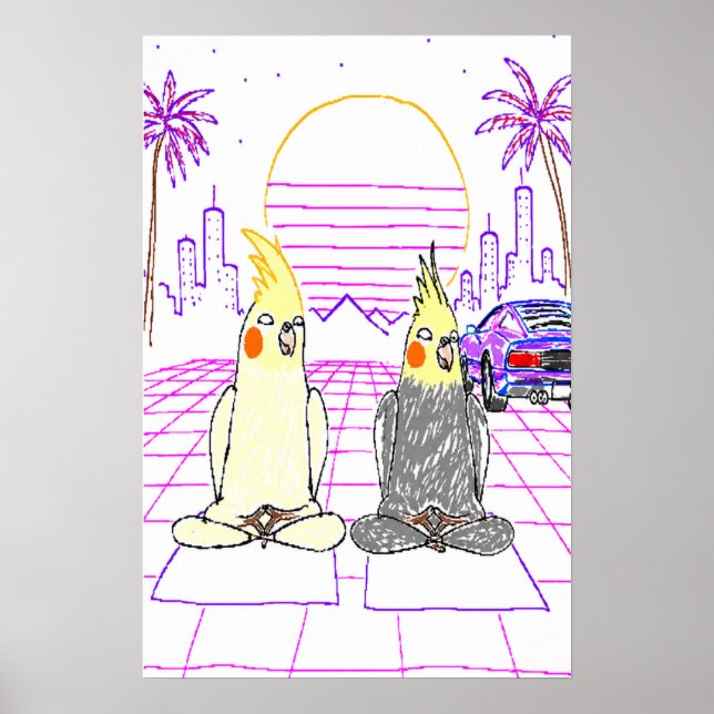 Vaporwave-Nymphparakitposter med Retro Solnedgång Poster (Framsidan)
