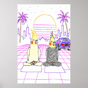 Vaporwave-Nymphparakitposter med Retro Solnedgång Poster