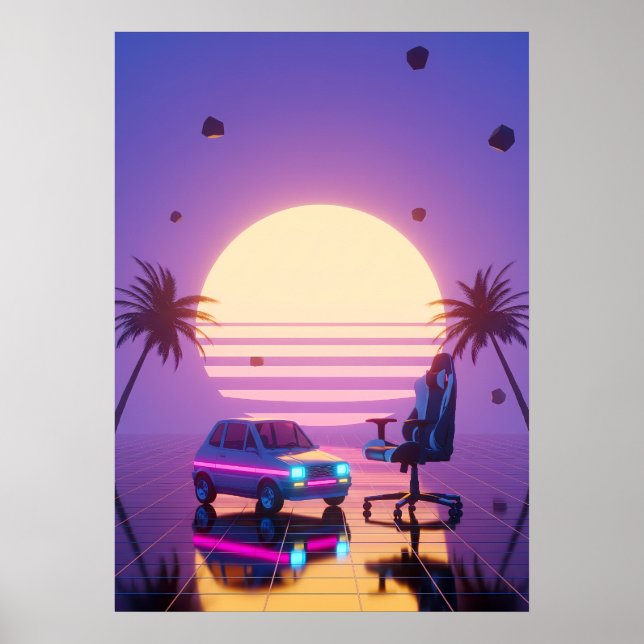Vaporwave Retro Bil och Gamingstol Poster (Framsidan)