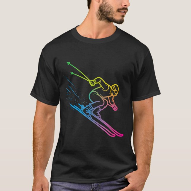 Vaporwave skidåkare regnbågsgradient retro vinter t shirt (Framsida)