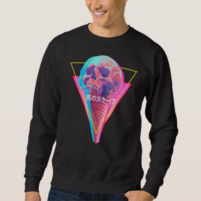 Vaporwave Skull Smälter Cone Glitch Aest Ice Cream Lång Ärmad Tröja (Framsida)