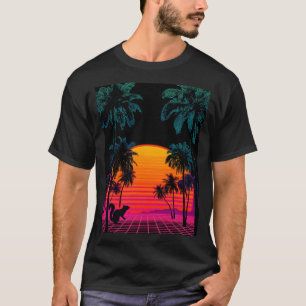Vaporwave Solnedgång Palmkvarnar – Neon Ekorre Gri T Shirt