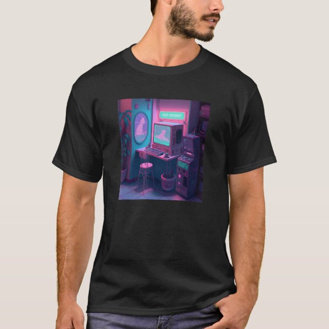 Vaporwave Stil Computer Desk på Internetkafé T Shirt (Framsida)