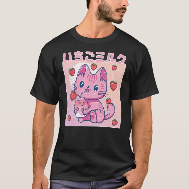 Vaporwave Strawberry Cat 90s Japanese Kawaii Straw T Shirt (Framsida)