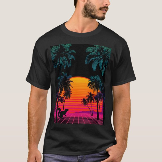 Vaporwave Sunset Palms – Neon Squirrel Gridscape T Shirt (Framsida)