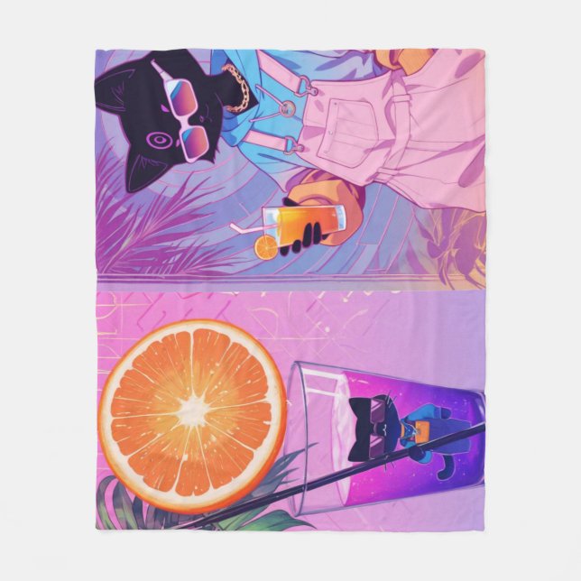 Vaporwave Svart Katt  Fleecefilt (Framsidan)