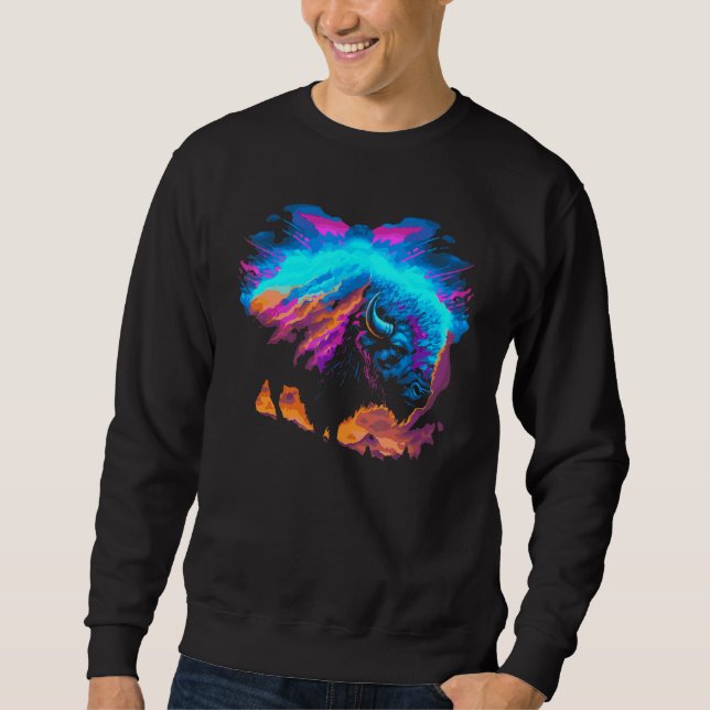Vaporwave Synthwave Bison Amerikansk Buffel 80-tal Lång Ärmad Tröja (Framsida)