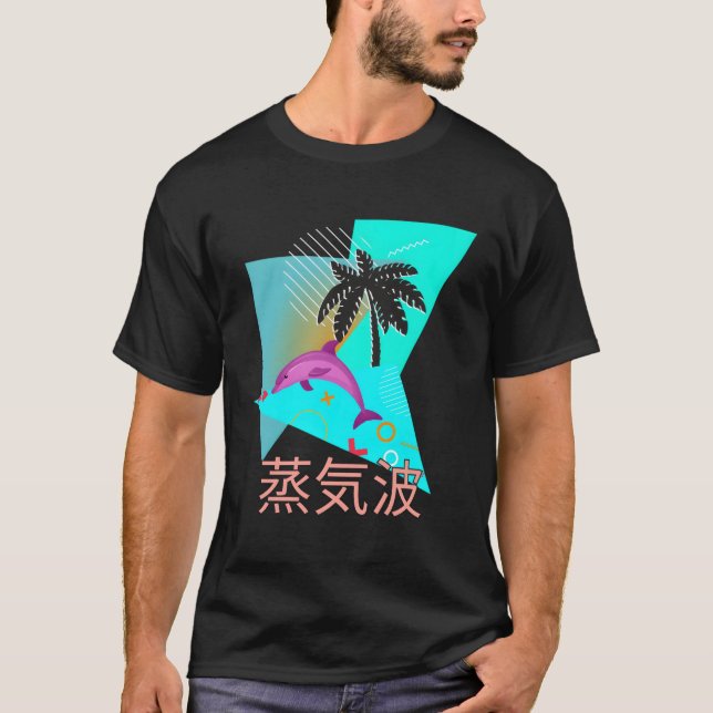 Vaporwave Synthwave Dolphin Ocean Kanjis T Shirt (Framsida)