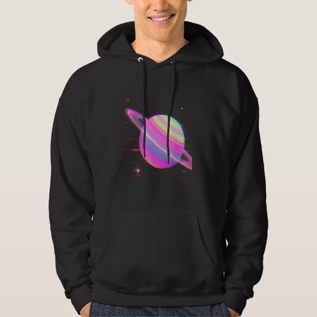 Vaporwave Synthwave Glitch Saturn 90 s Y2K Aest Hoodie (Framsida)