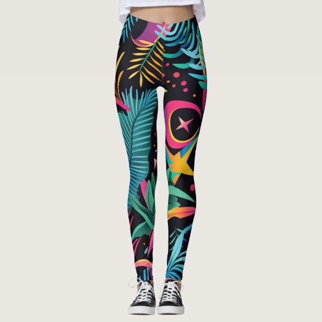 Vaporwave Synthwave Måne Och Tropiker Leggings (Framsida)