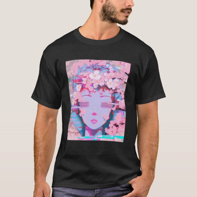 Vaporwave Synthwave Retrowave Glitch Cherry Blosso T Shirt (Framsida)