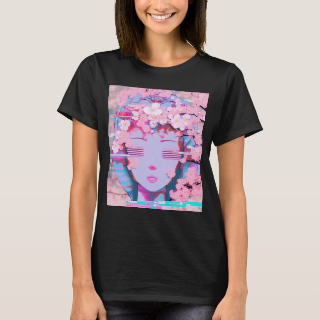 Vaporwave Synthwave Retrowave Glitch Cherry Blosso T Shirt (Framsida)