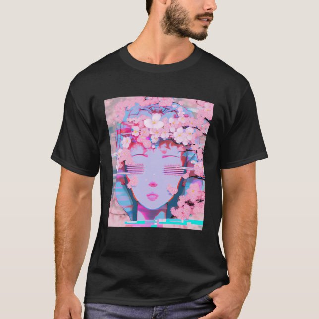 Vaporwave Synthwave Retrowave Glitch Cherry Blosso T Shirt (Framsida)