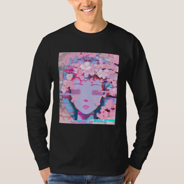 Vaporwave Synthwave Retrowave Glitch Körsbärsblomn T Shirt (Framsida)