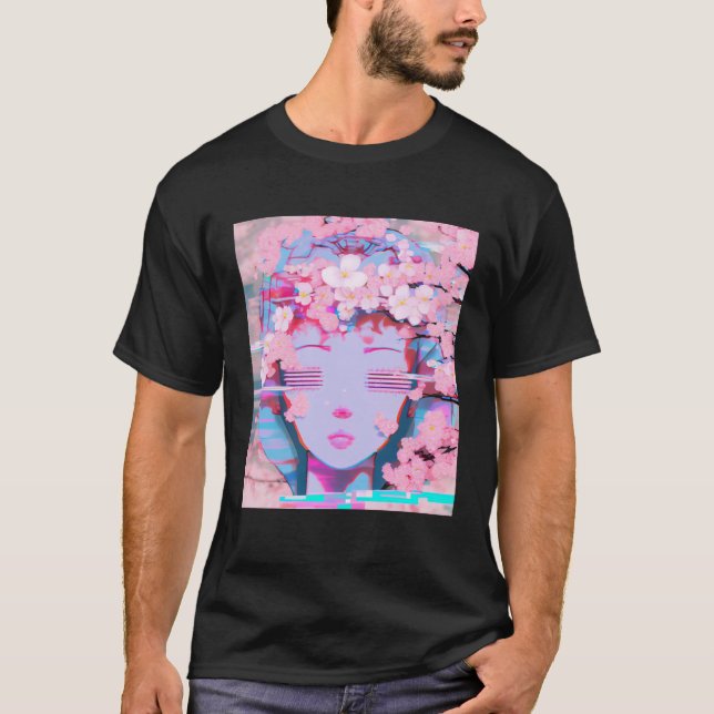 Vaporwave Synthwave Retrowave Glitch Körsbärsblomn T Shirt (Framsida)