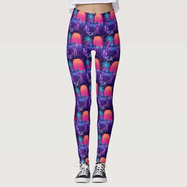 Vaporwave Synthwave Rymdman Pattern Leggings (Framsida)
