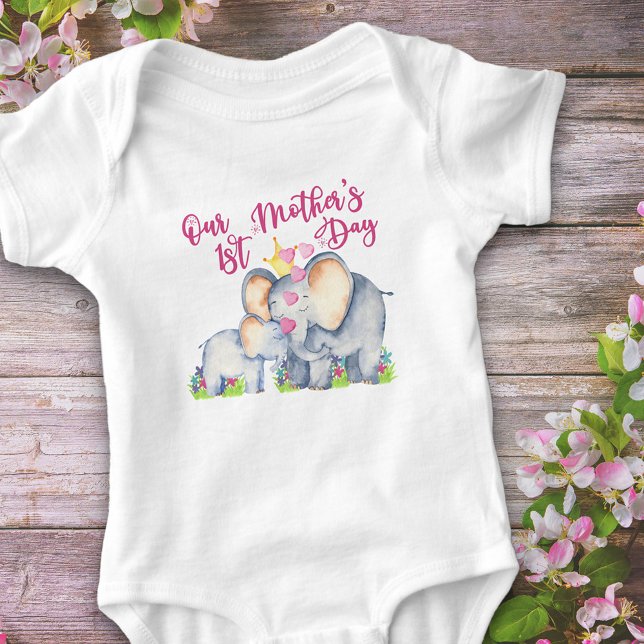 Vår 1:a Mors dag Cute Mamma och Baby Elephant T Shirt (First Mother's Day baby girl bodysuit with cute mommy and baby elephants)