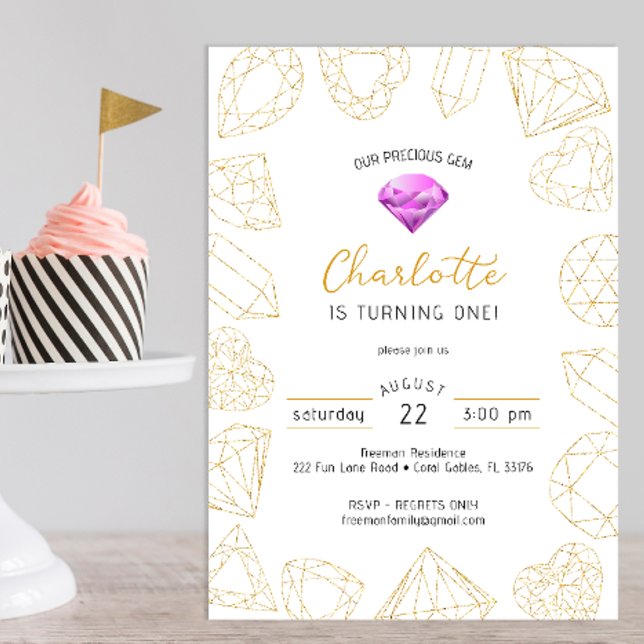 Vår ädla Lila och Guld-födelsedag Inbjudan (gem gold glitter birthday party invitation)