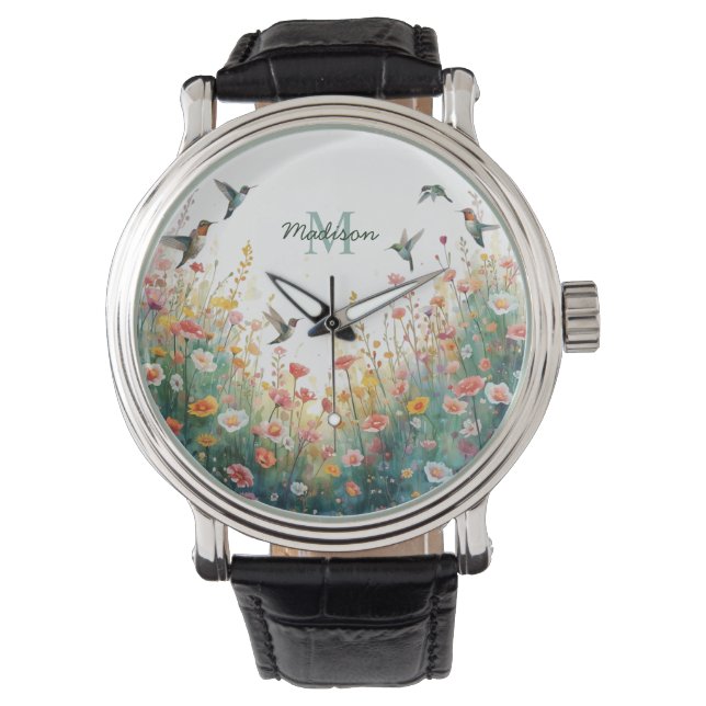 Vår Akvarell Fåglar Blommig Monogram Vildblomma Armbandsur (Framsida)