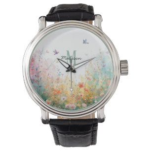 Vår Akvarell Fåglar Blommig Monogram Vildblomma Armbandsur