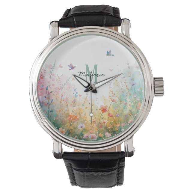 Vår Akvarell Fåglar Blommig Monogram Vildblomma Armbandsur (Framsida)